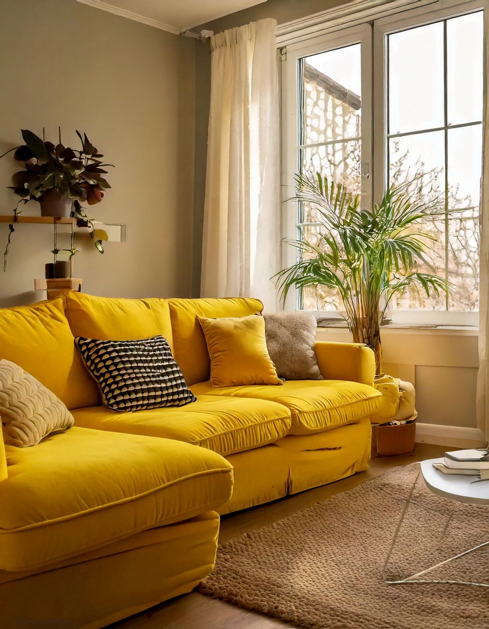 Yellow couch in neutral living room