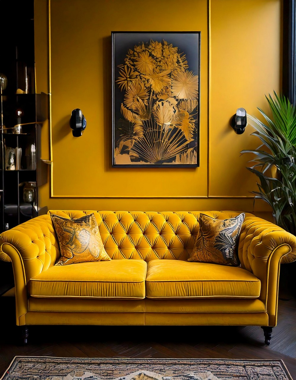 Modern minimalist living room with yellow sofa