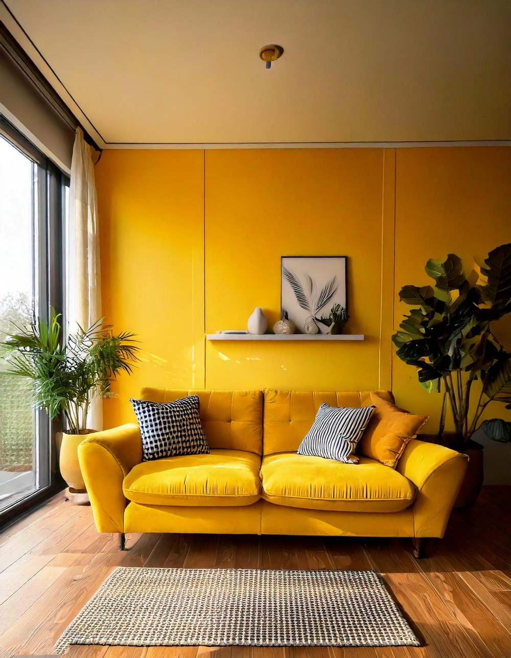 Pastel living room with yellow sofa