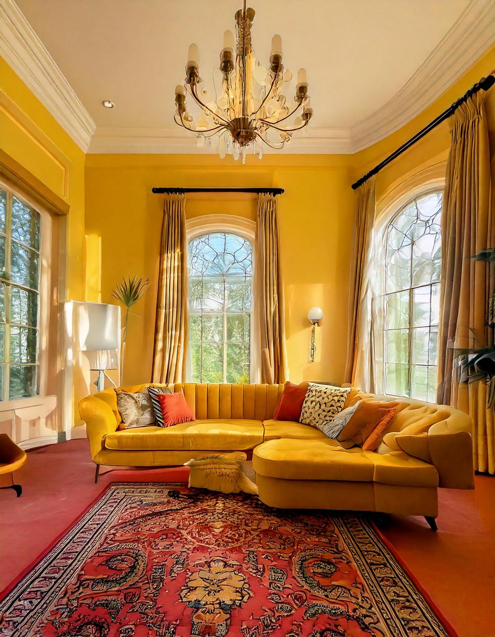 Scandinavian living room with yellow couch