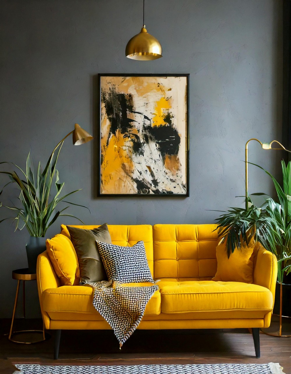 Yellow couch with gray walls