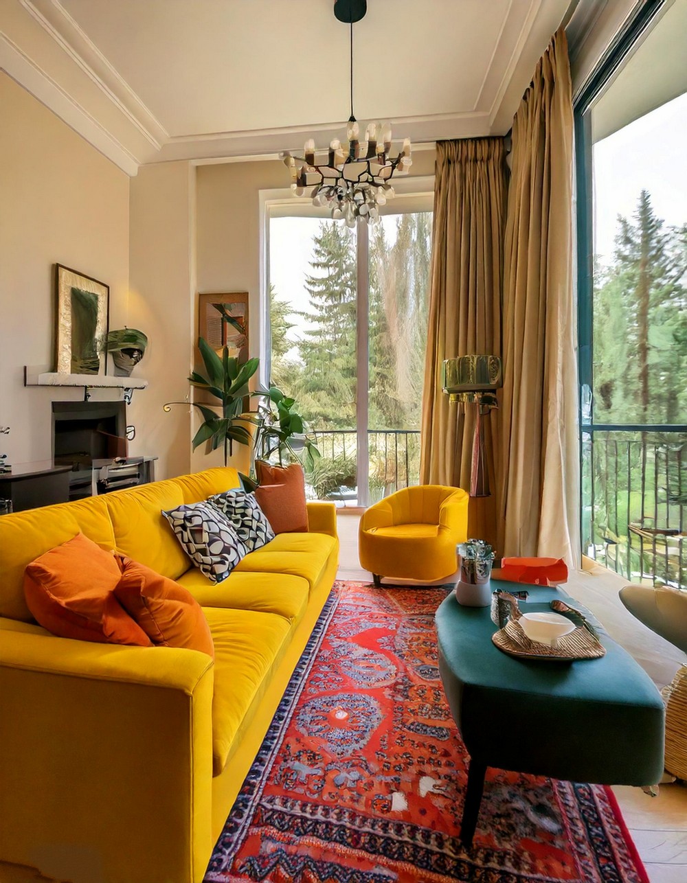 Eclectic living room with yellow sofa