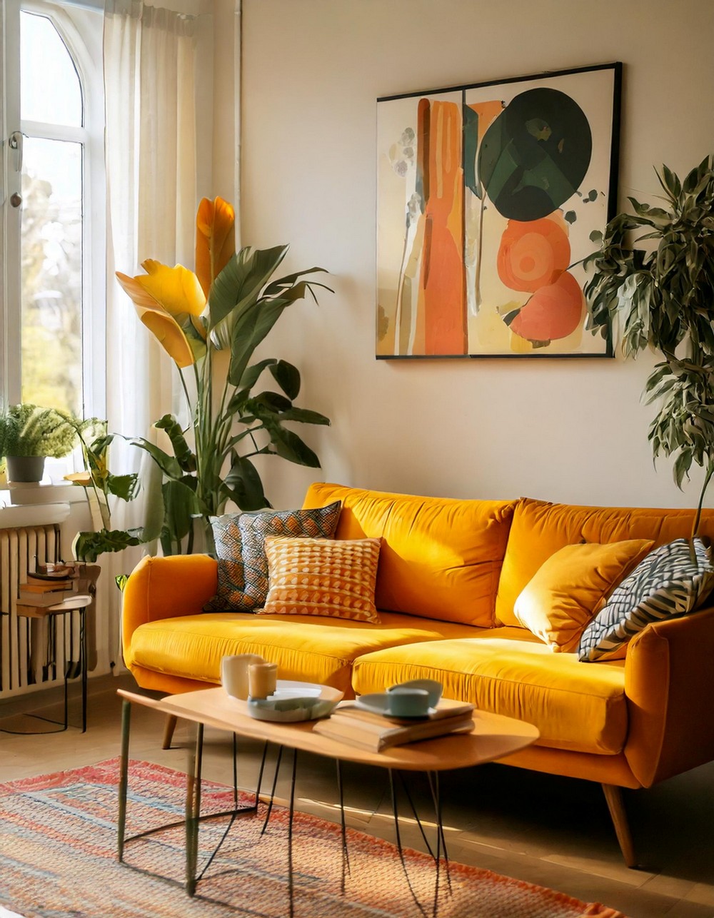 Mid-century modern living room with yellow couch