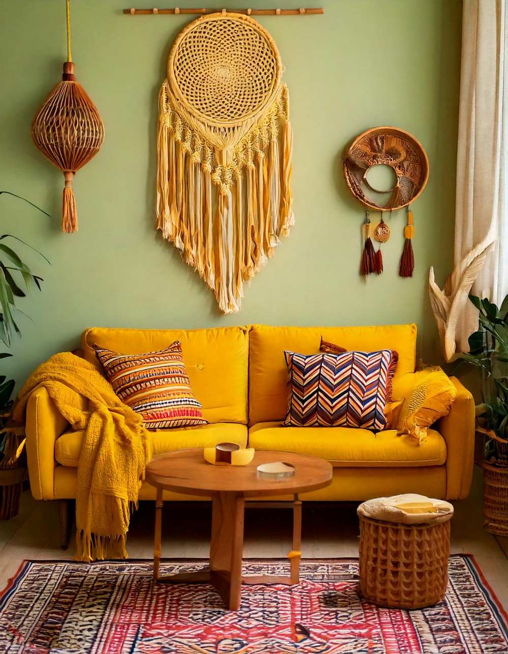 Bohemian living room with yellow sofa
