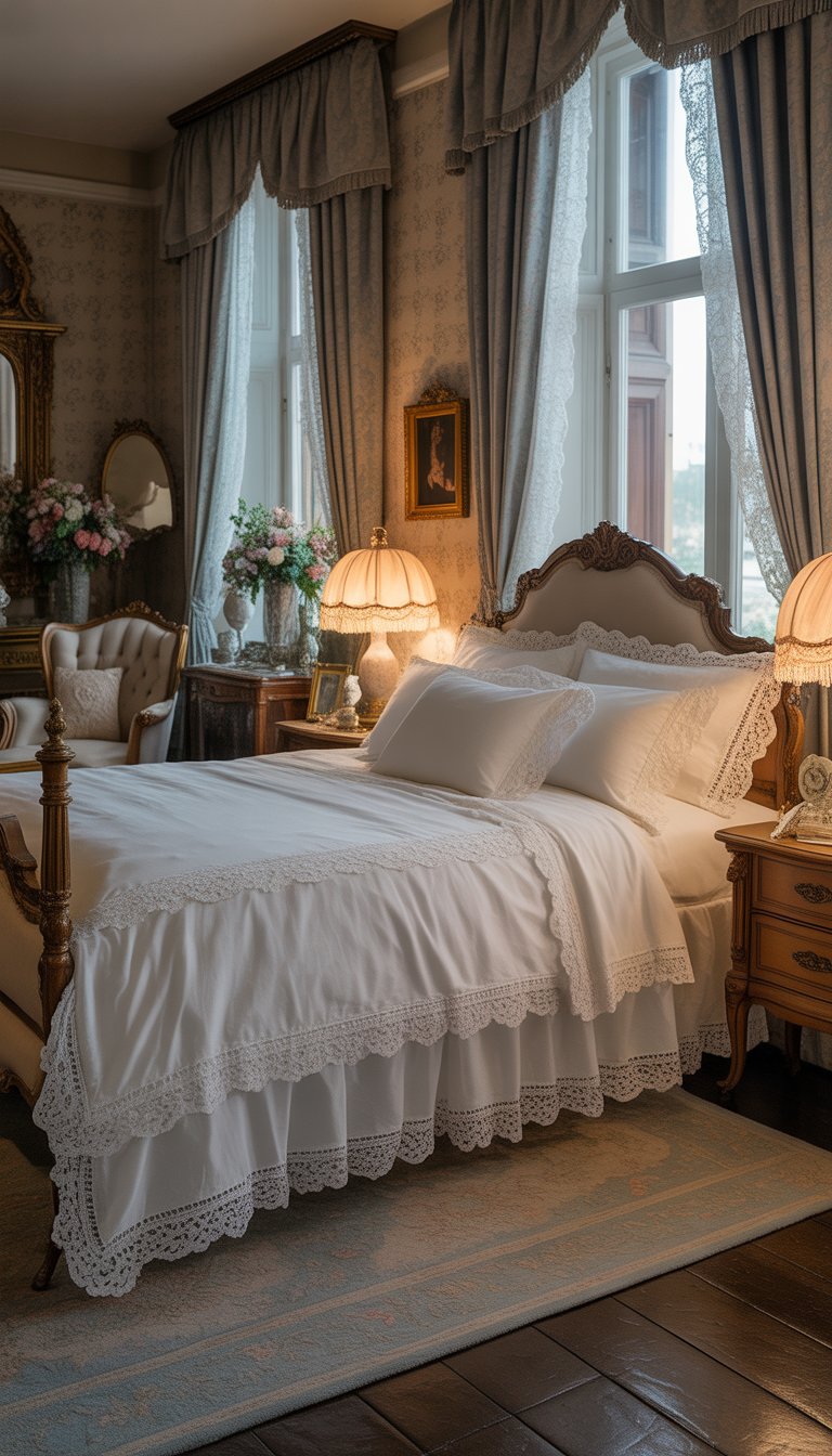 A Victorian bedroom with a four-poster bed dressed in white lace-trimmed linens, antique furniture, and soft natural light coming through lace curtains.
