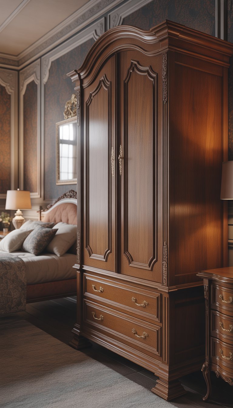 A heavy oak armoire with brass handles in a Victorian bedroom featuring classic furniture and patterned wallpaper.