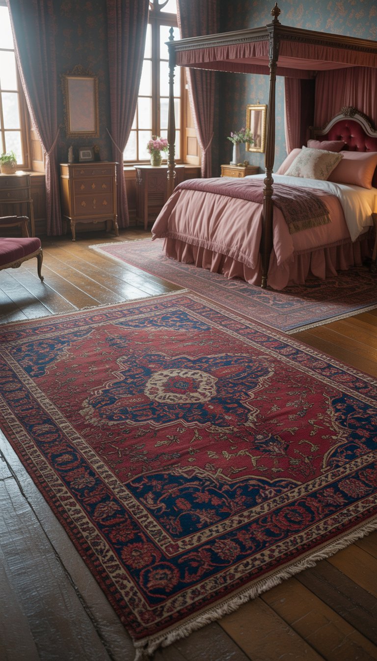 A Victorian bedroom with a richly patterned Persian rug in deep reds and blues on wooden floors, featuring a canopy bed, ornate furniture, and tall windows letting in natural light.