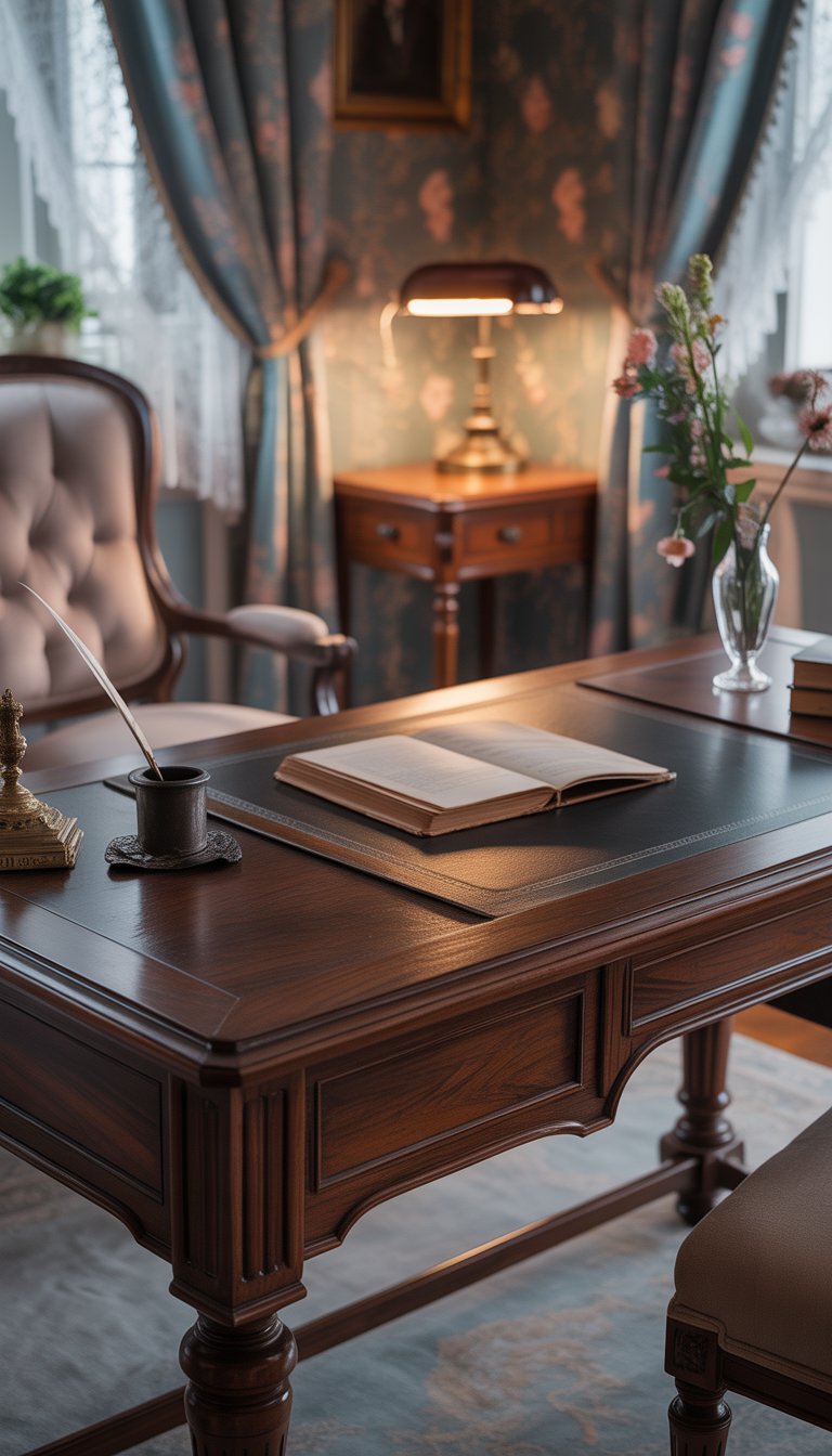 A dark wood writing desk with turned legs in a Victorian bedroom, surrounded by a chair, lamp, and decorative items.