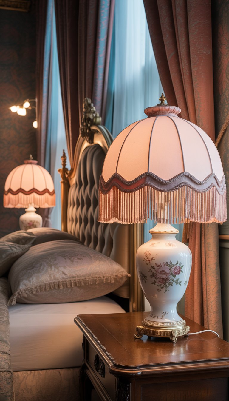 A Victorian bedroom with porcelain table lamps featuring fringe shades on bedside tables, alongside a carved wooden bed and draped curtains.