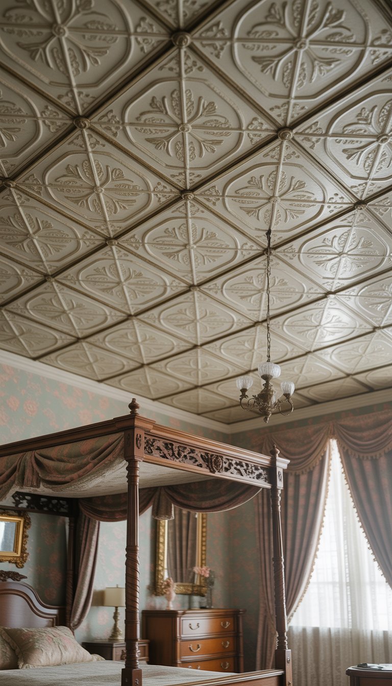 A Victorian bedroom with a carved wooden four-poster bed, ornate dresser, lace curtains, and a ceiling covered in patterned pressed metal tiles.