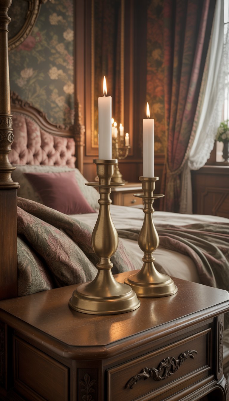 A Victorian bedroom with vintage brass candle holders on an antique wooden bedside table, surrounded by ornate wallpaper, a tufted bed, and elegant wooden furniture.