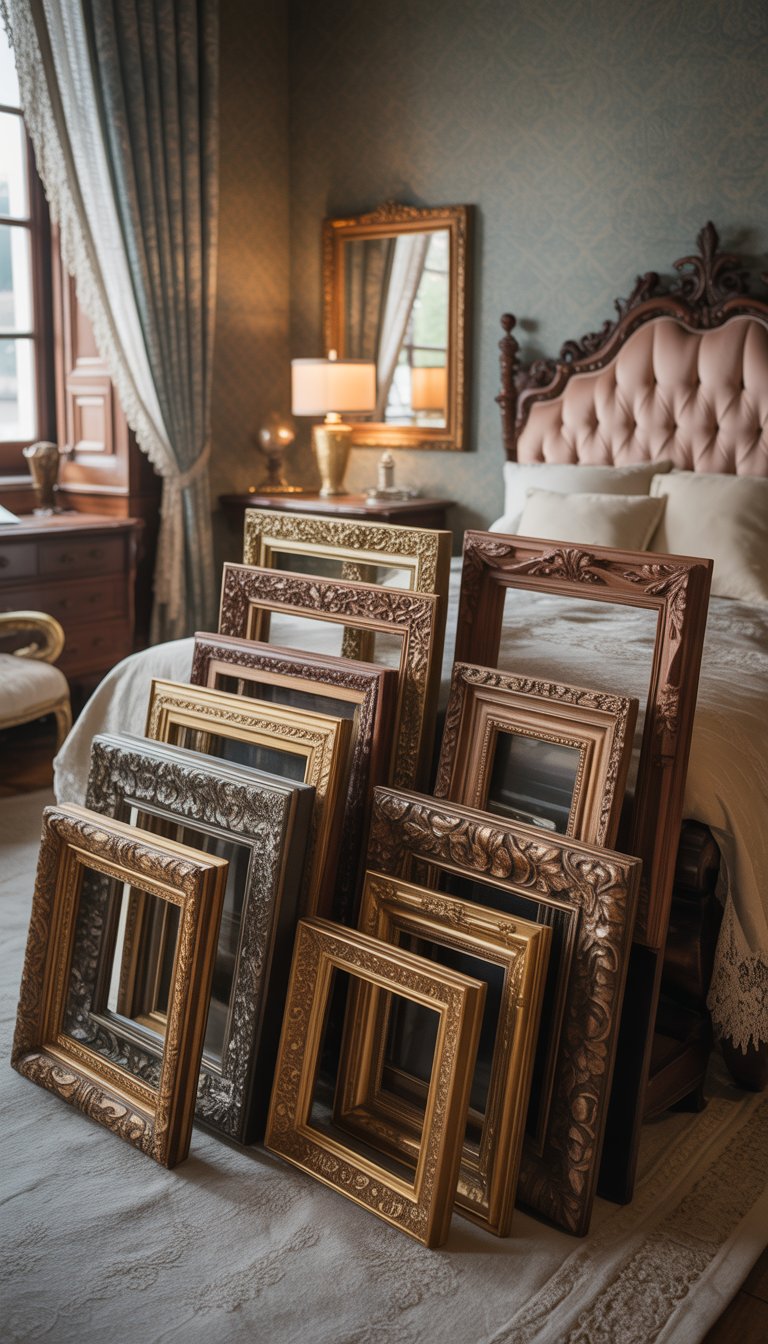 A Victorian bedroom with 25 carved wooden picture frames displayed, featuring ornate designs and antique furniture.