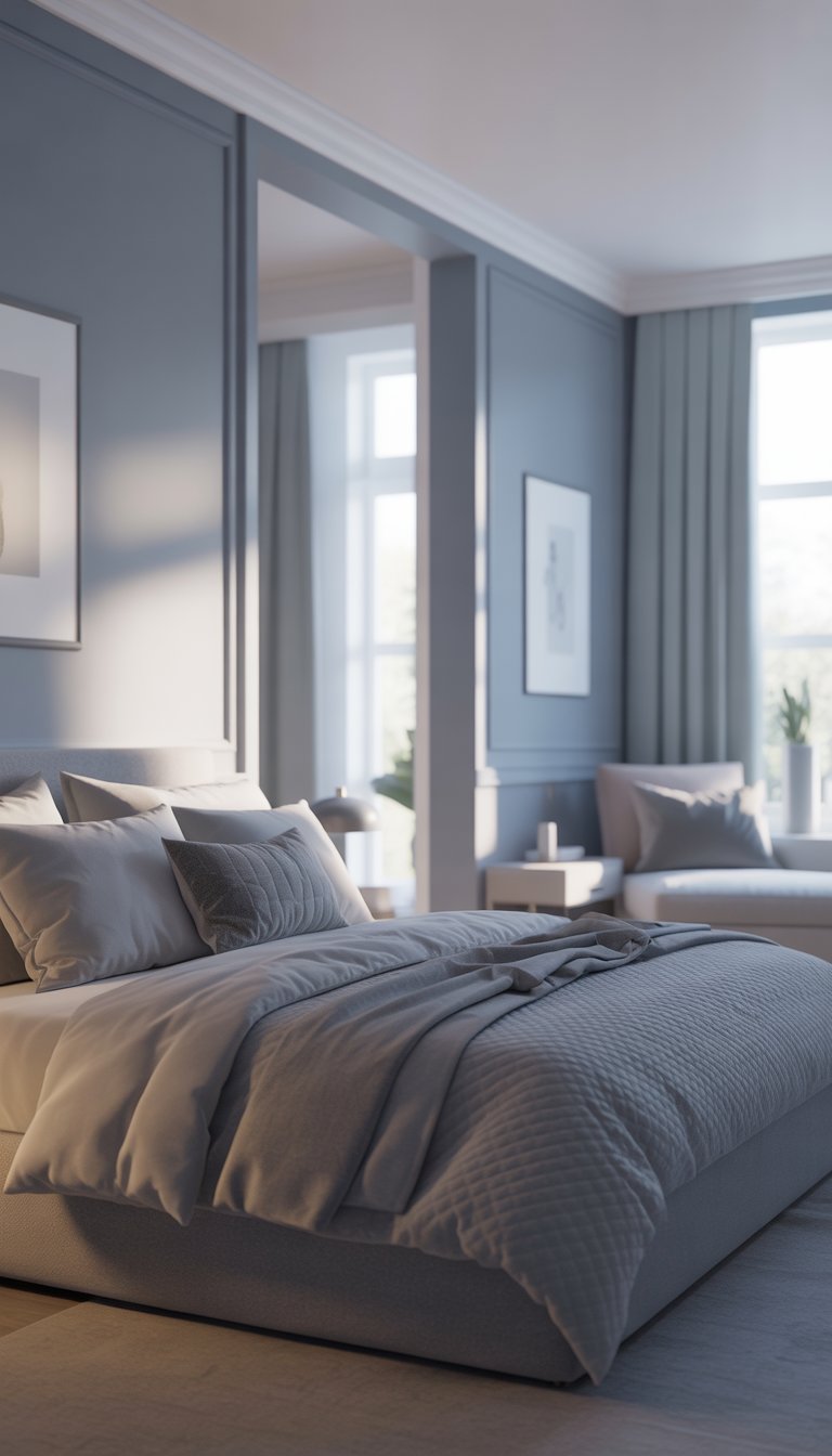 A bedroom with soft dove grey walls, white trim, a bed with grey bedding, large windows with white curtains, and light wood flooring.