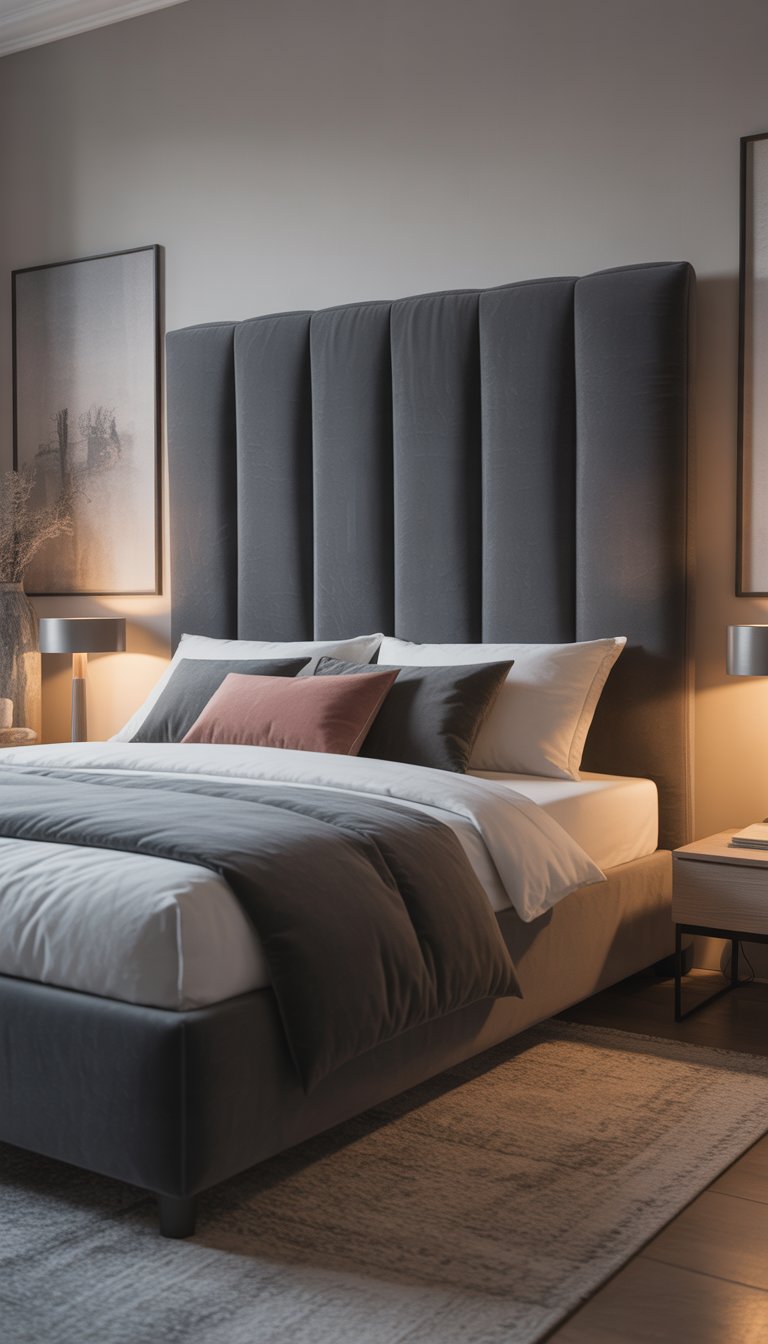 A bedroom with a charcoal grey velvet upholstered headboard, a neatly made bed with white and grey bedding, bedside tables with lamps, and subtle decorative elements.
