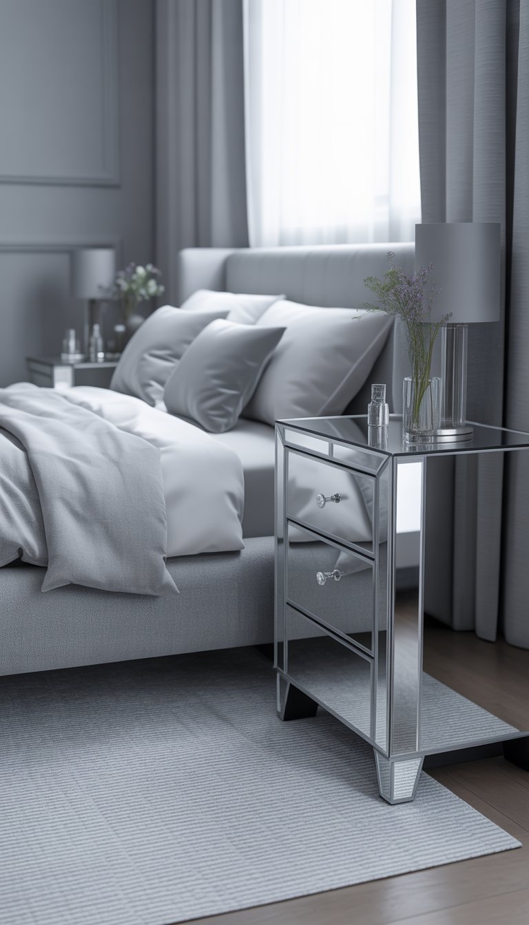 A grey bedroom with a bed and two silver mirrored bedside tables on each side, each holding a lamp and a small vase with flowers.
