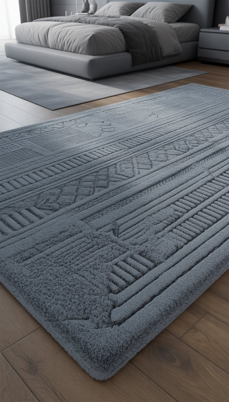 A grey area rug with geometric patterns in the center of a grey-themed bedroom with a bed and nightstand.