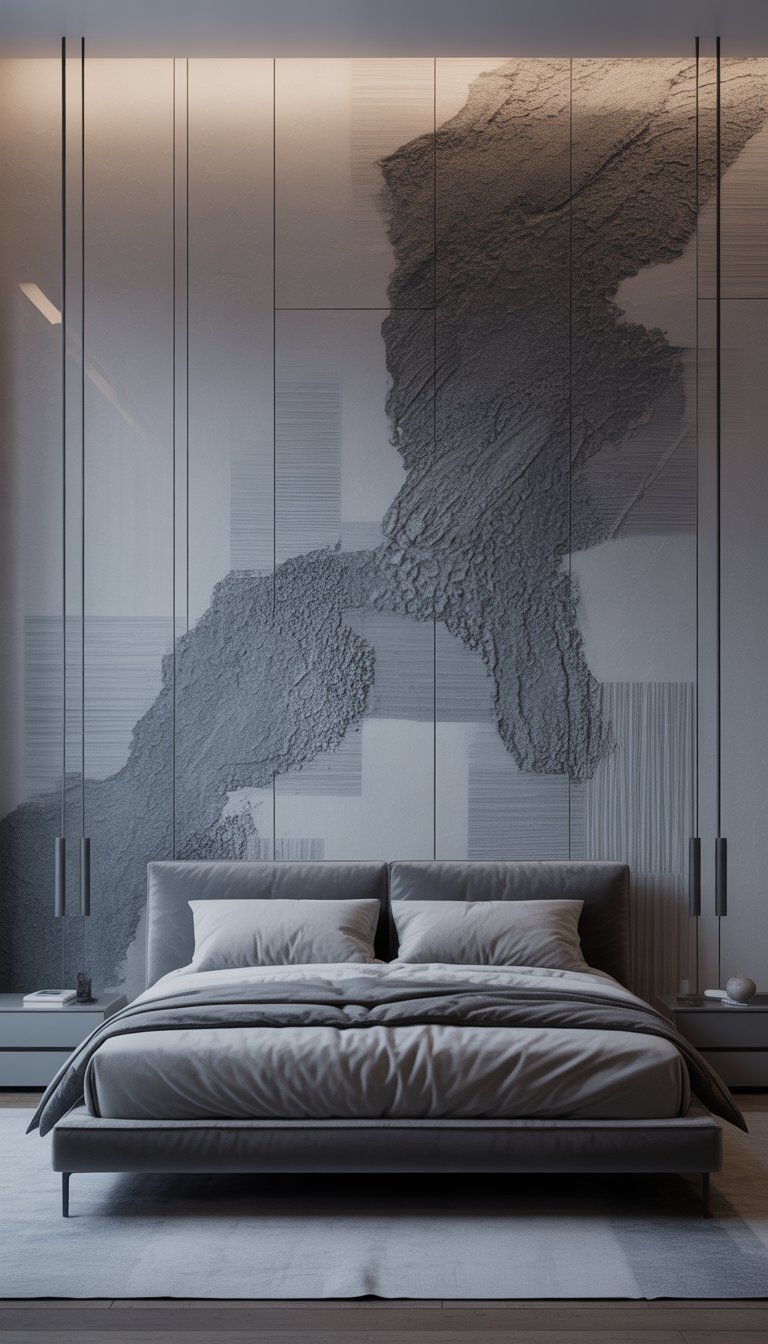 A modern bedroom with a large abstract grey wall art above a neatly made bed, featuring grey tones and contemporary furniture in a bright, calm setting.