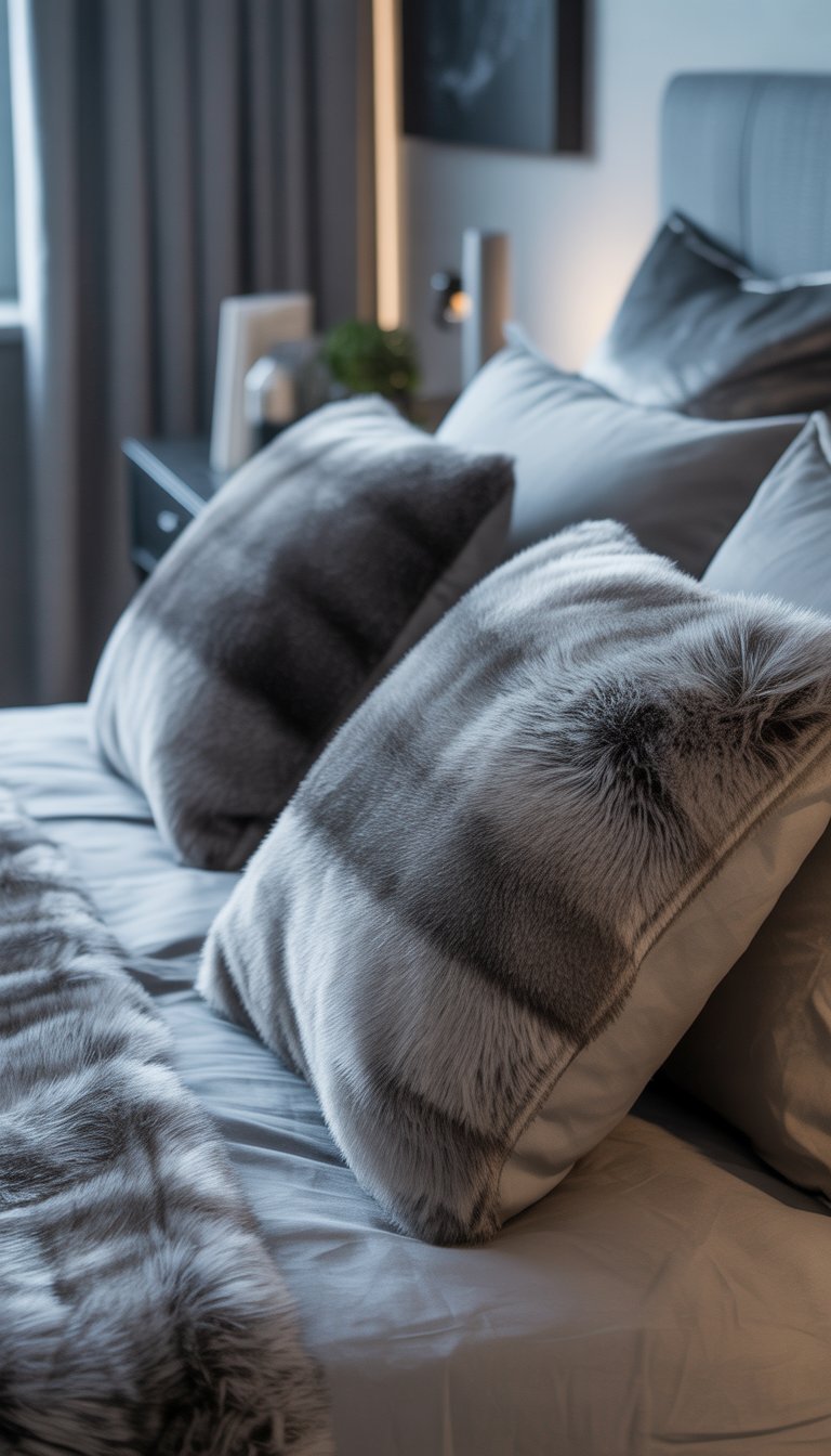 A bed with smoky grey faux fur throw pillows arranged on grey linens in a modern bedroom.