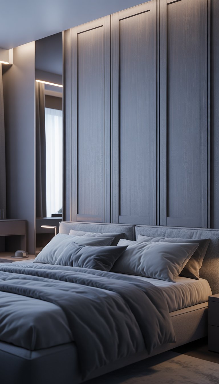 A bedroom with a grey wooden paneled accent wall, a bed with grey bedding, a bedside table with a lamp, and natural light coming through a window.