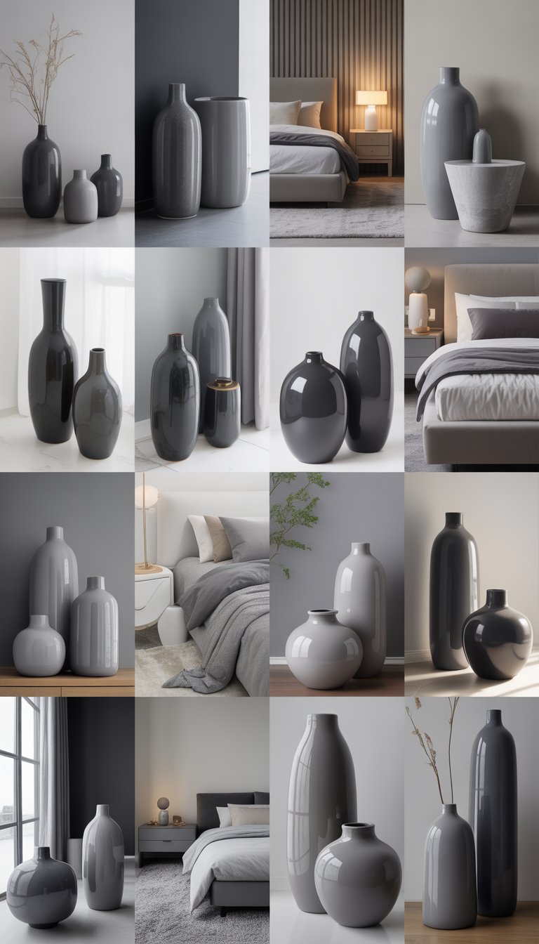 A modern grey bedroom with glossy grey ceramic floor vases arranged on the floor near a bed and bedside tables.