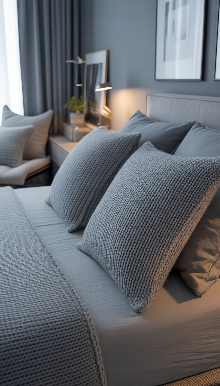 A bedroom with a neatly made bed featuring heather grey knit cushions, soft lighting, and grey-toned decor.
