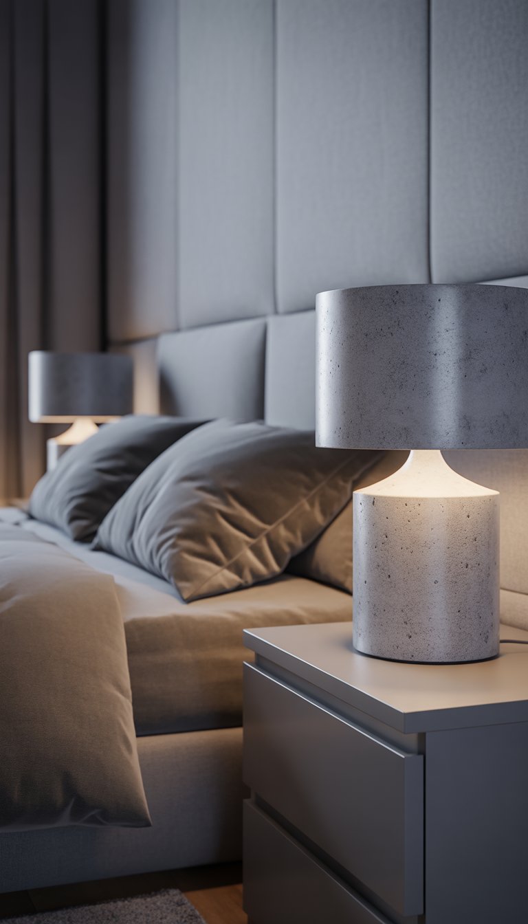 A grey bedroom with a neatly made bed and concrete finish bedside lamps on both sides.