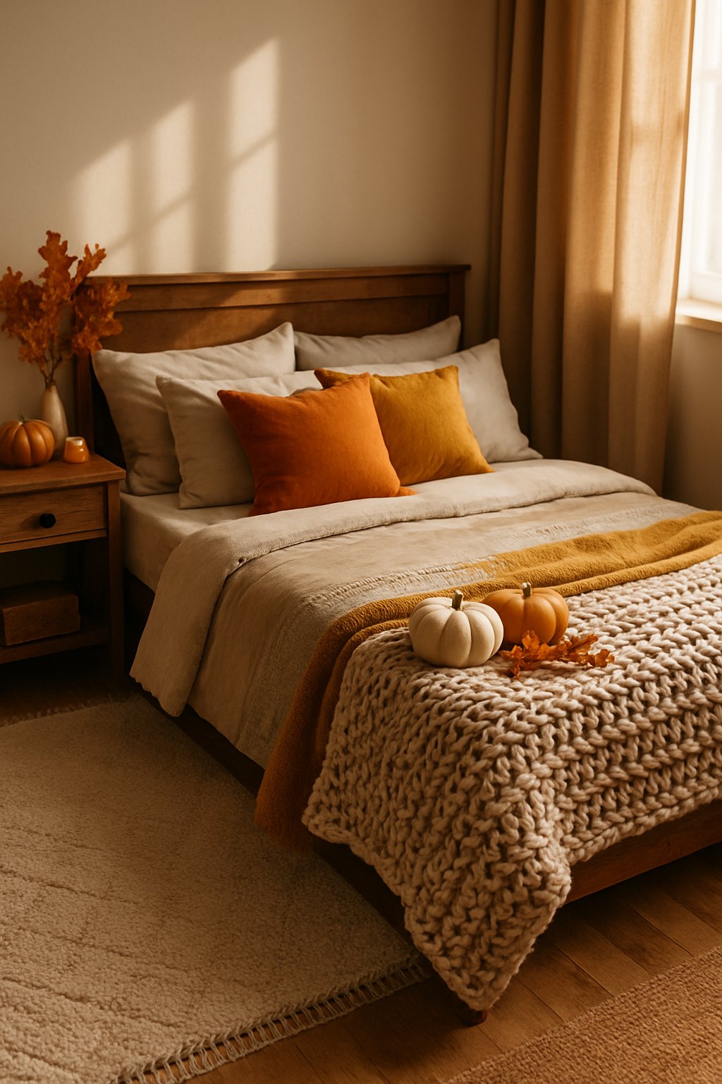 A cozy bedroom with a bed layered with a chunky knit blanket and autumn decorations.