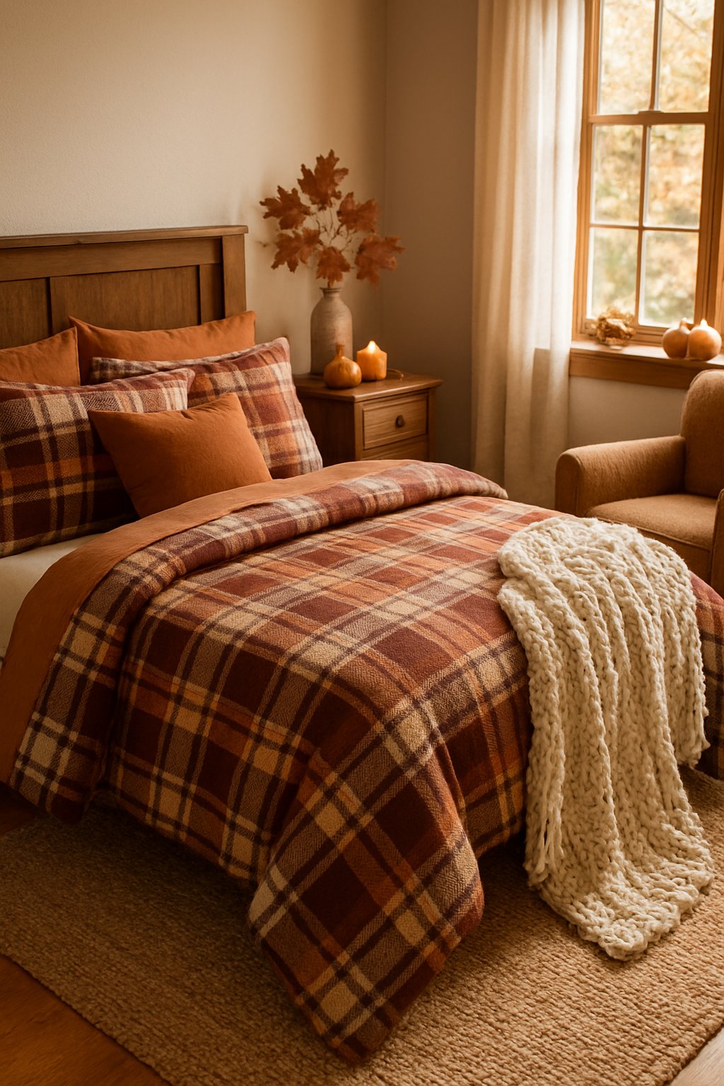 A cozy bedroom with a bed covered in warm flannel sheets and fall-themed decorations like pumpkins and candles.