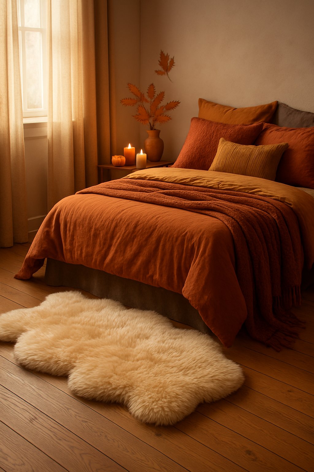 A bedroom with a faux fur rug next to a bed, featuring autumn-colored bedding and soft natural light.