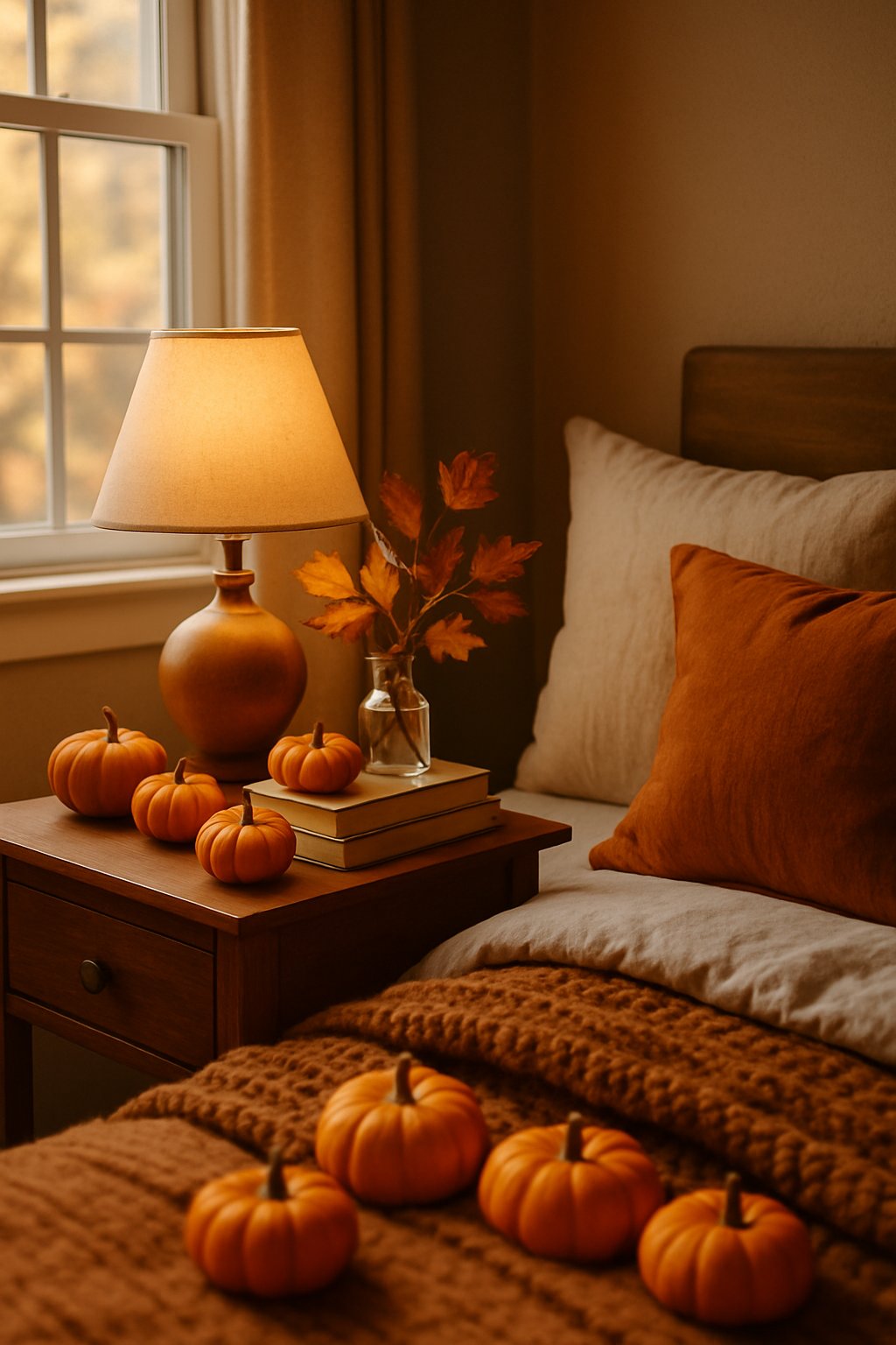 A bedroom nightstand decorated with small orange pumpkins next to a bed with warm blankets and pillows.
