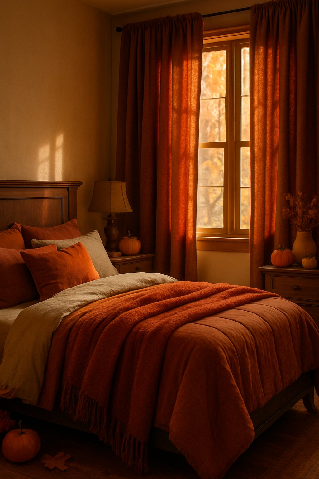 A cozy bedroom with heavy fall-colored drapes, a neatly made bed with warm blankets, and autumn decorations.