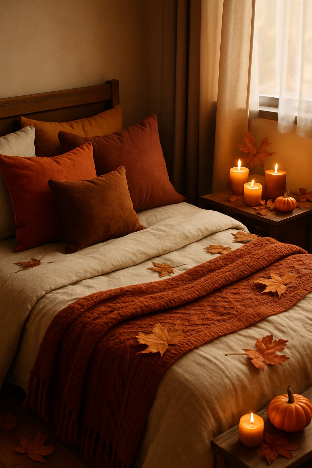 A cozy bedroom decorated for fall with lit cinnamon and pumpkin spice candles, warm blankets, pillows, and autumn decorations like pumpkins and dried leaves.