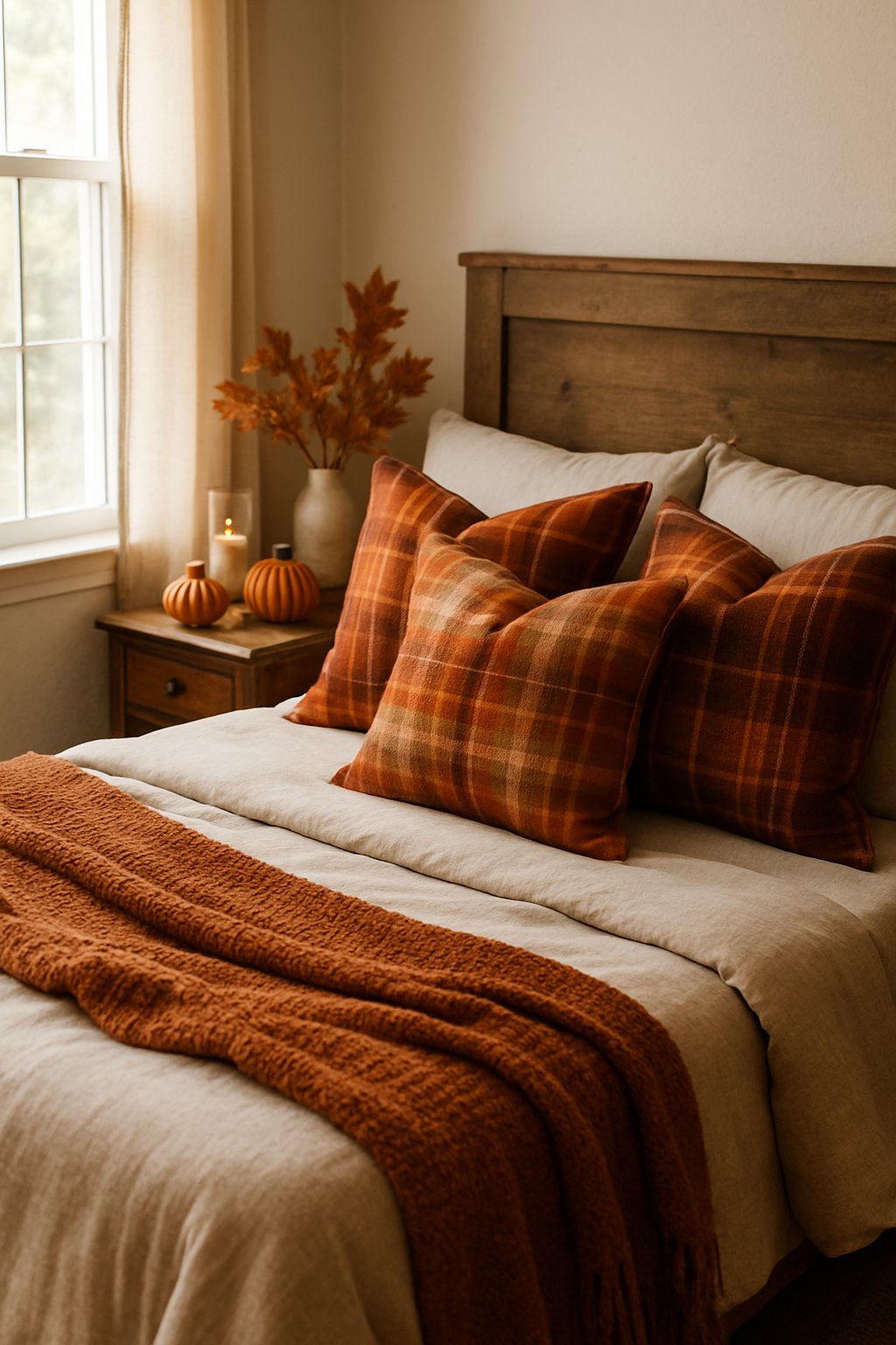 A cozy bedroom with a bed decorated with plaid throw pillows, warm blankets, and autumn-themed decorations.