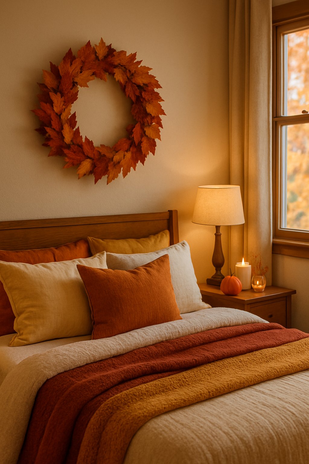 A cozy bedroom decorated for fall with a wreath of autumn leaves hanging above the bed and warm-toned blankets and pillows.