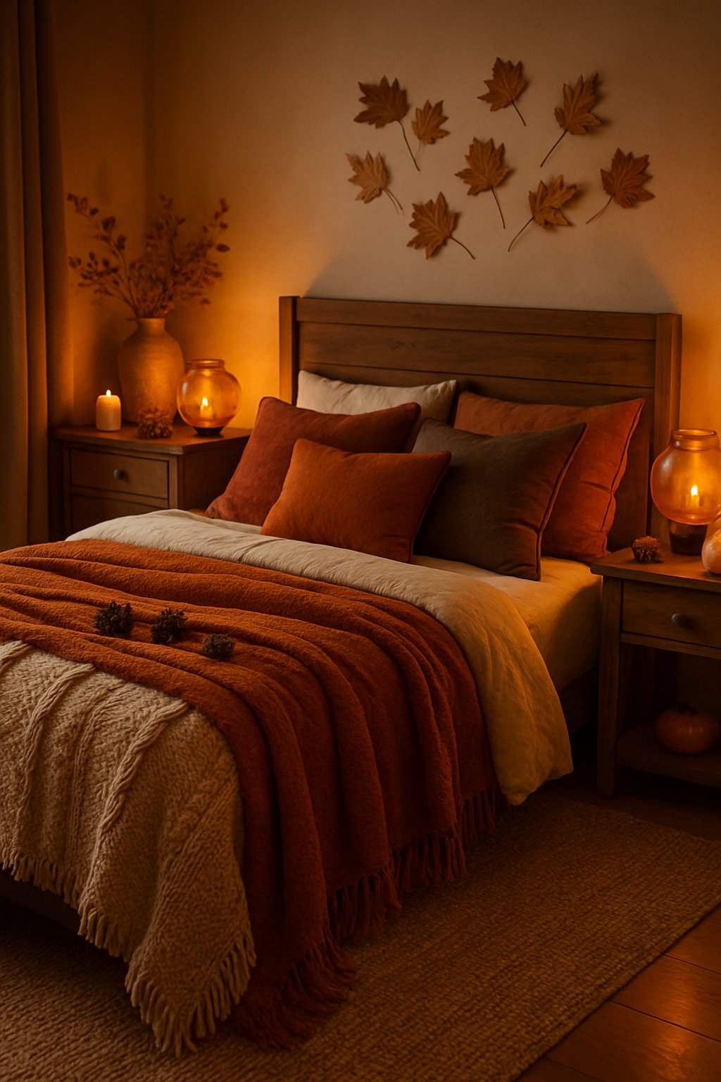 A cozy bedroom lit by amber glass lamps with autumn-themed decorations and warm-colored bedding.