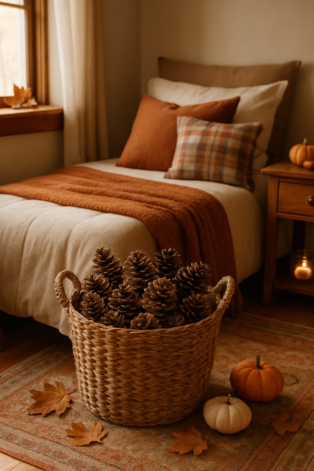 A bedroom corner with a woven basket full of pine cones on the floor surrounded by fall decorations and warm lighting.
