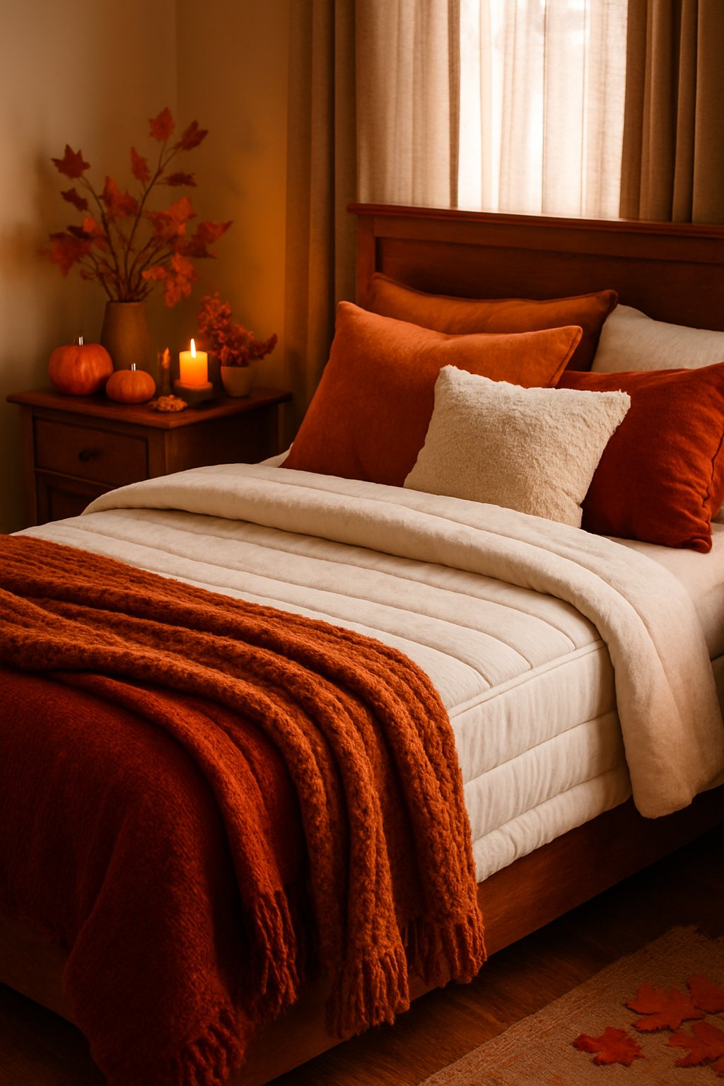A cozy bedroom with a made bed featuring warm bedding and autumn decorations, including pumpkins and candles.