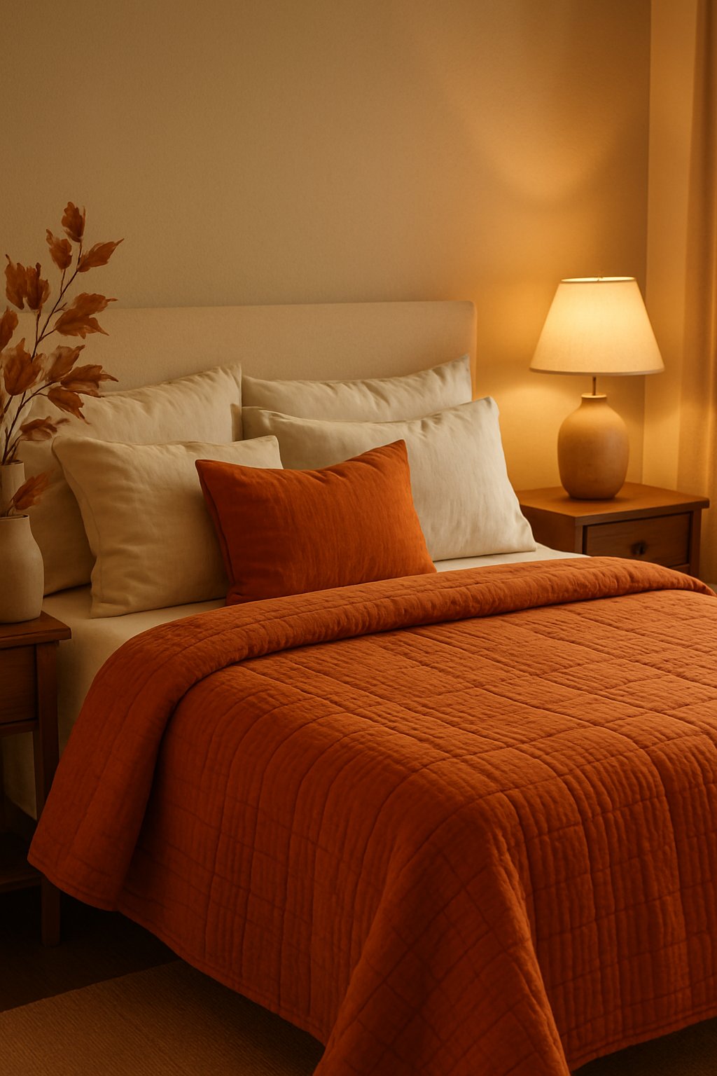 A bedroom with a bed covered in a burnt orange quilt and soft pillows, surrounded by autumn-themed decor.