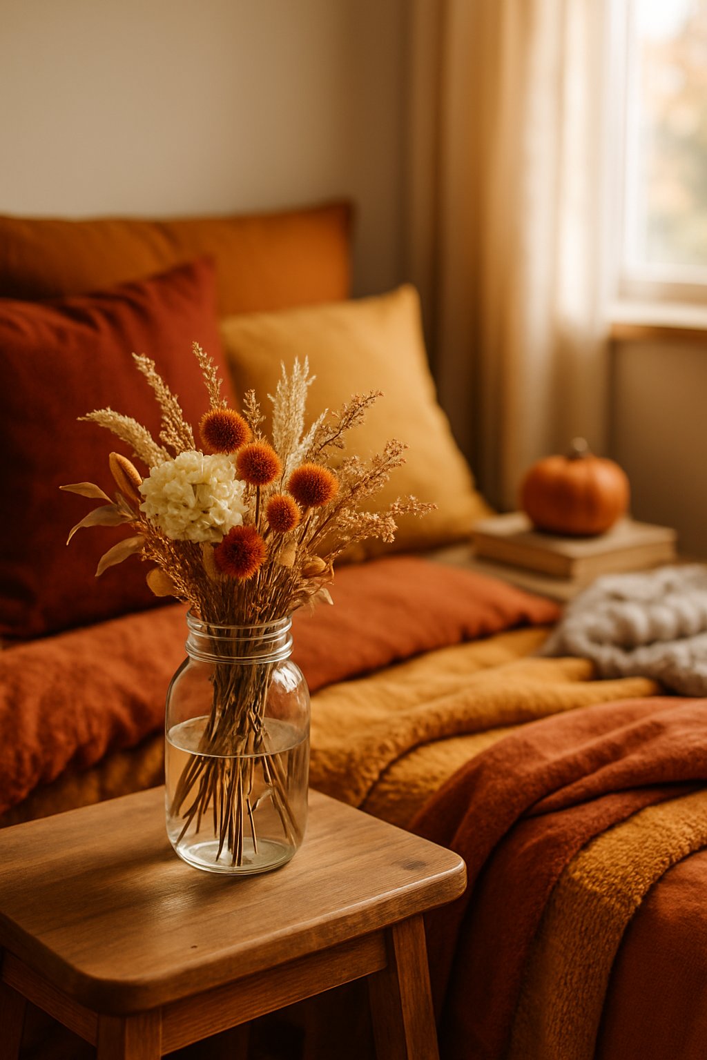 A mason jar filled with dried flowers on a wooden bedside table in a cozy fall bedroom with warm-colored bedding and soft natural light.