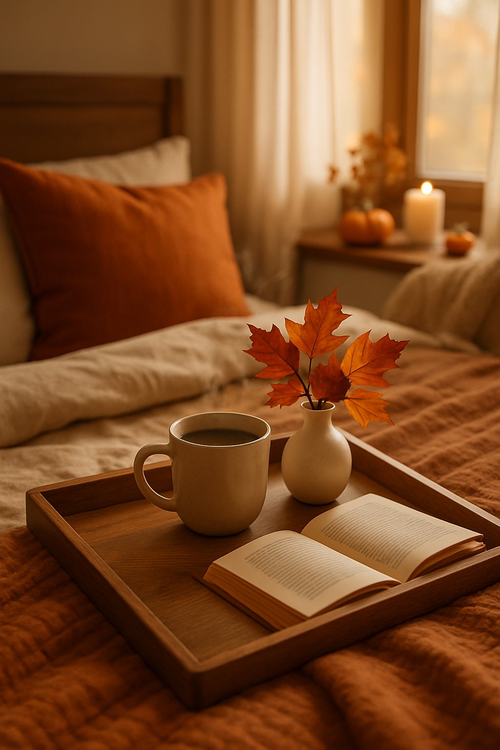 Wooden tray with a cup of coffee and autumn leaves on a bed in a cozy fall bedroom.