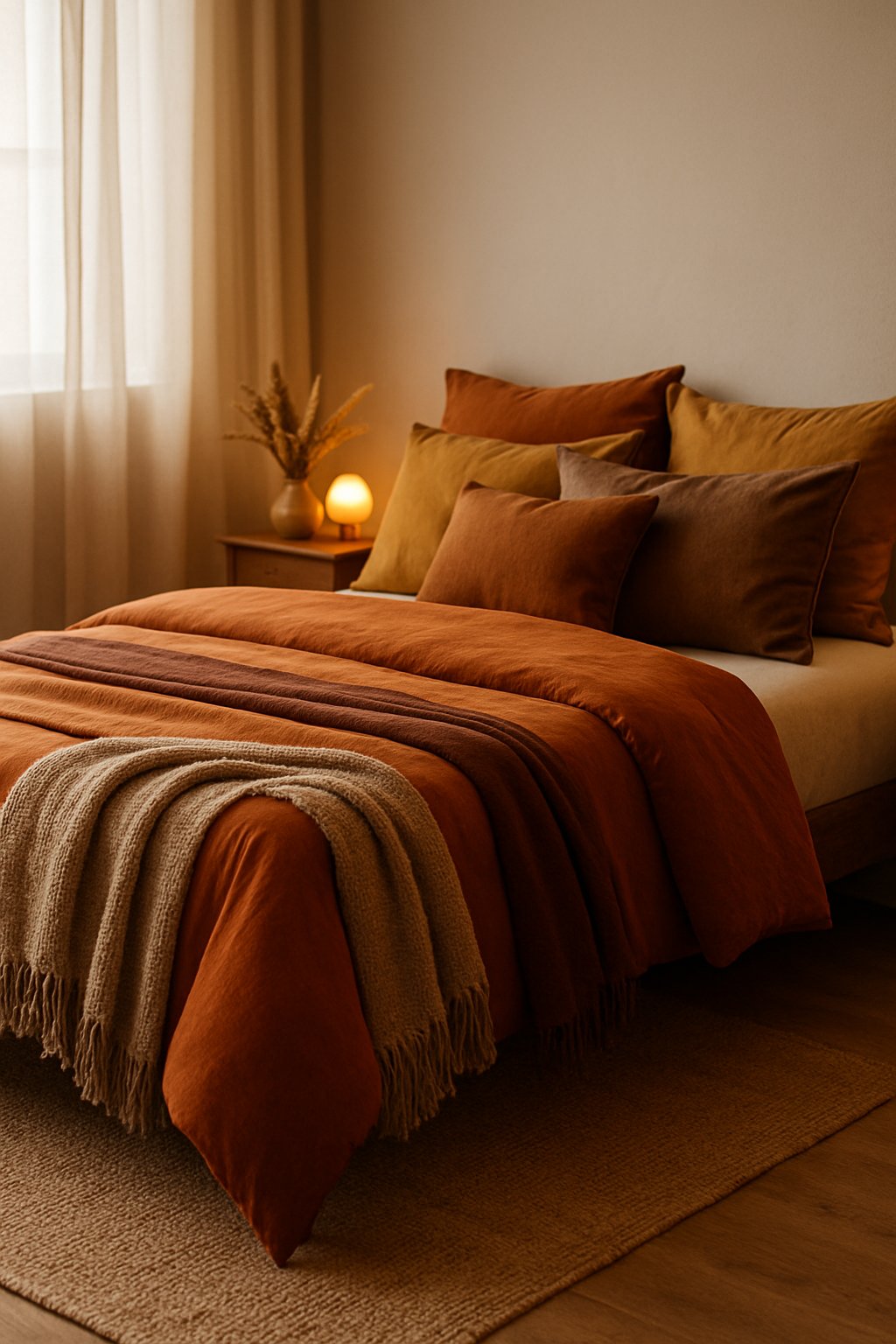 A cozy bedroom with a bed dressed in warm, earthy-toned bedding and soft natural light coming through a window.