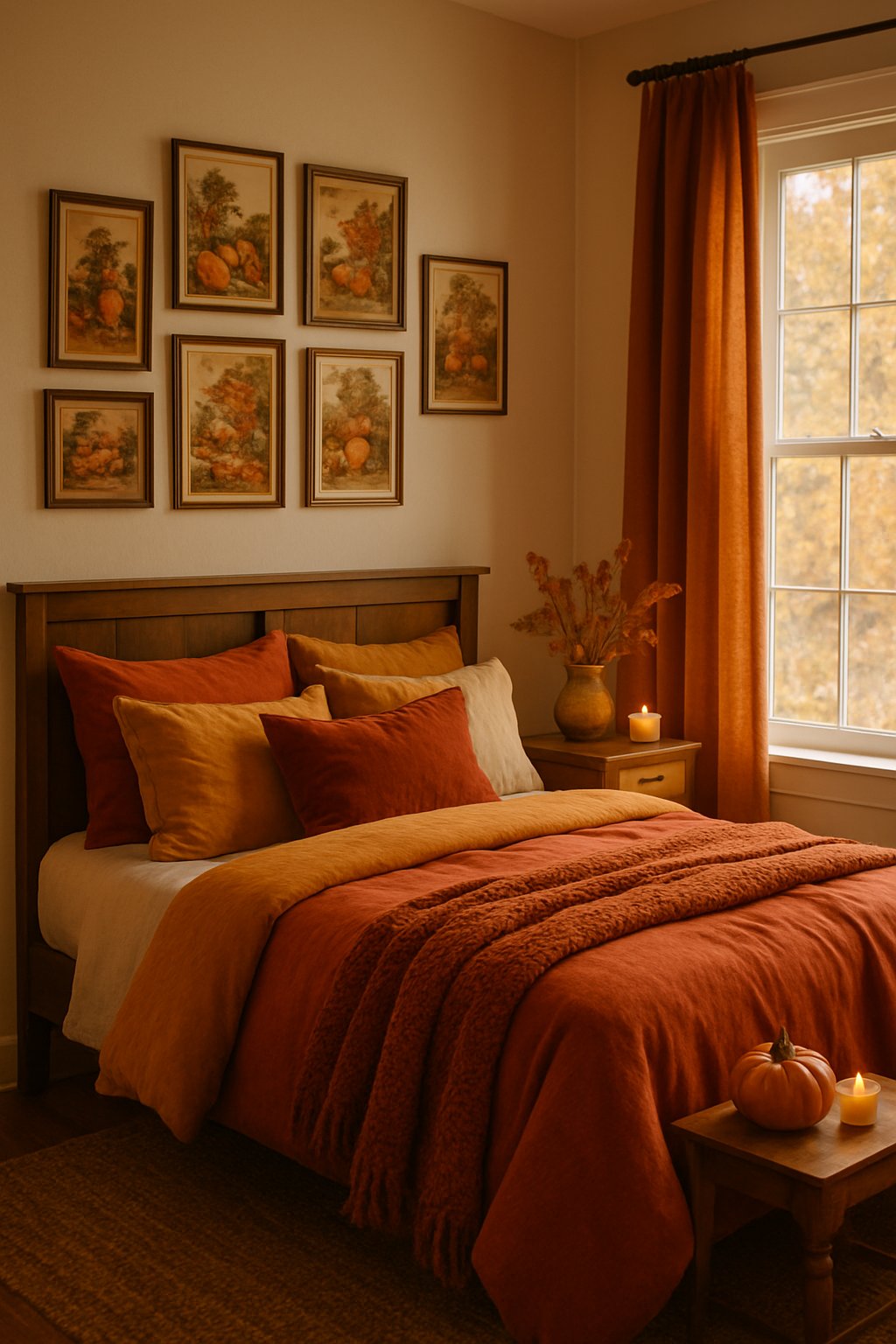A cozy bedroom with framed vintage fall postcards on the walls, warm bedding, and autumn decorations like pumpkins and dried leaves.