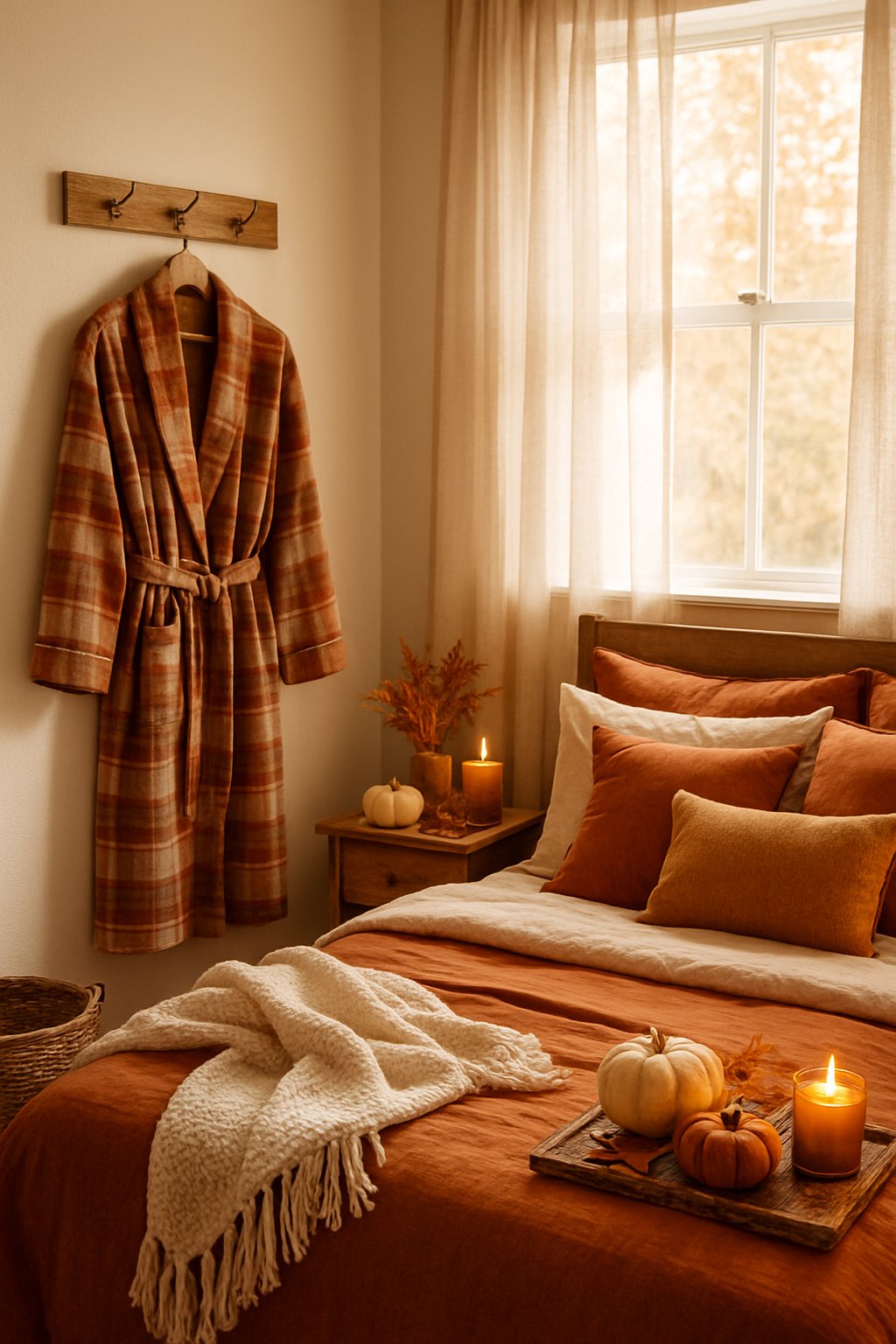 A cozy bedroom with a plaid robe hanging on a hook near a window, featuring warm fall decorations and soft natural light.