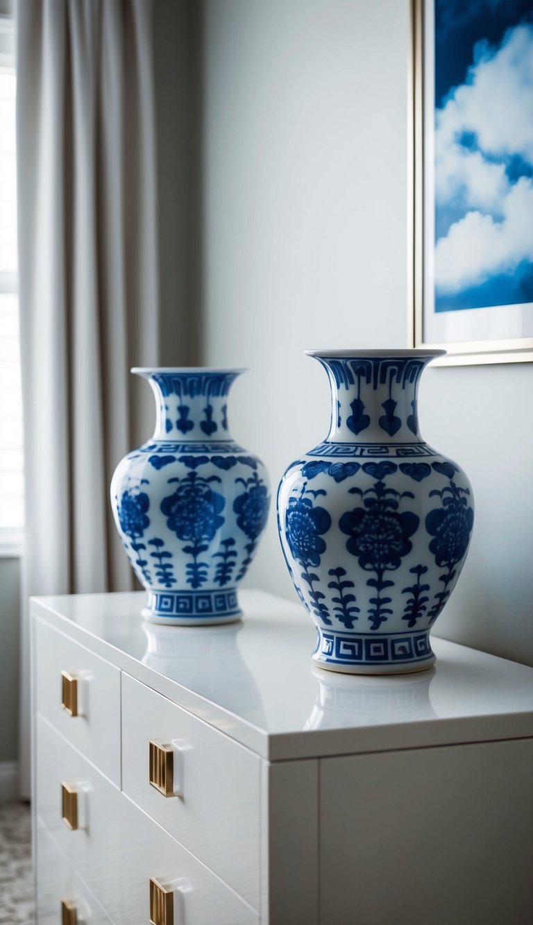 Two blue and white porcelain vases sit on a sleek white dresser in a serene, elegant bedroom