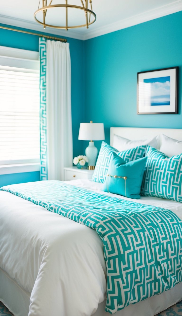 White bedding with a turquoise Greek key pattern on a bed in a serene blue and white bedroom