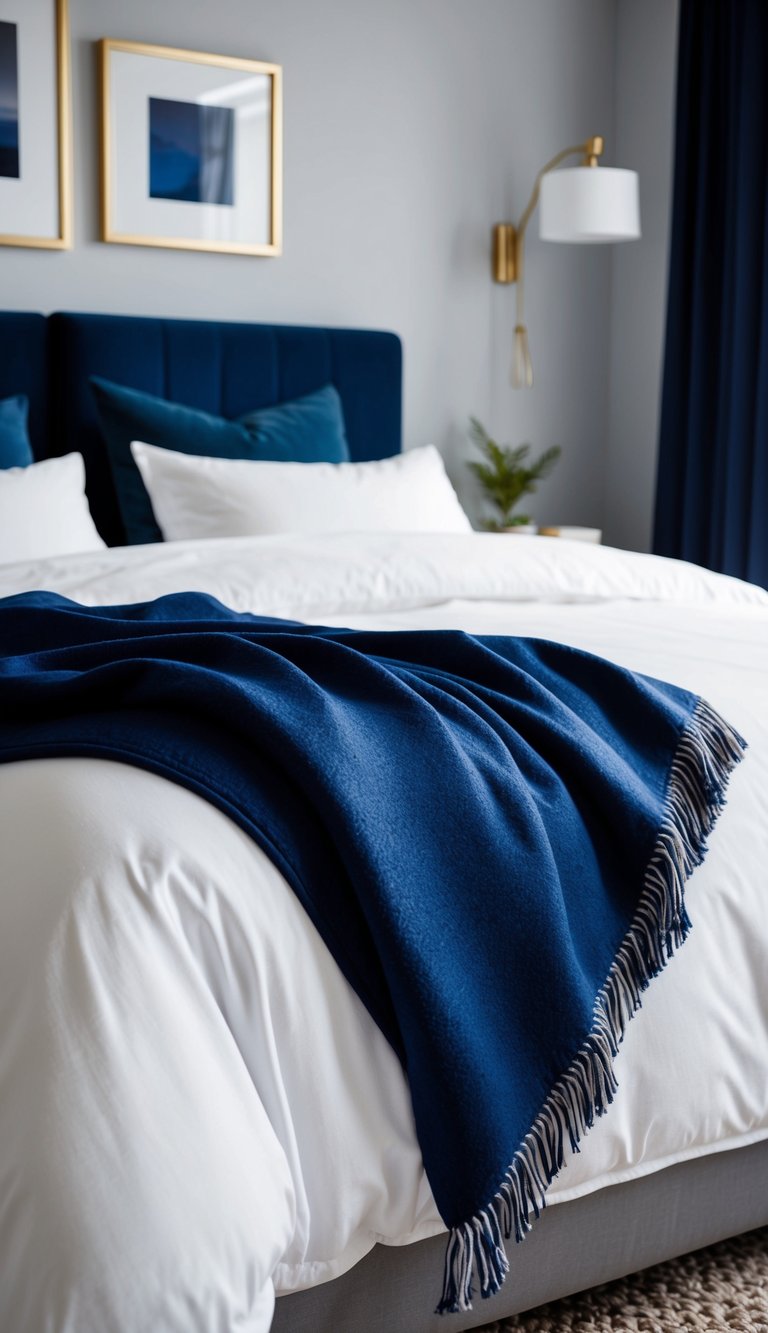 A navy blue throw blanket is layered on a white duvet for contrast