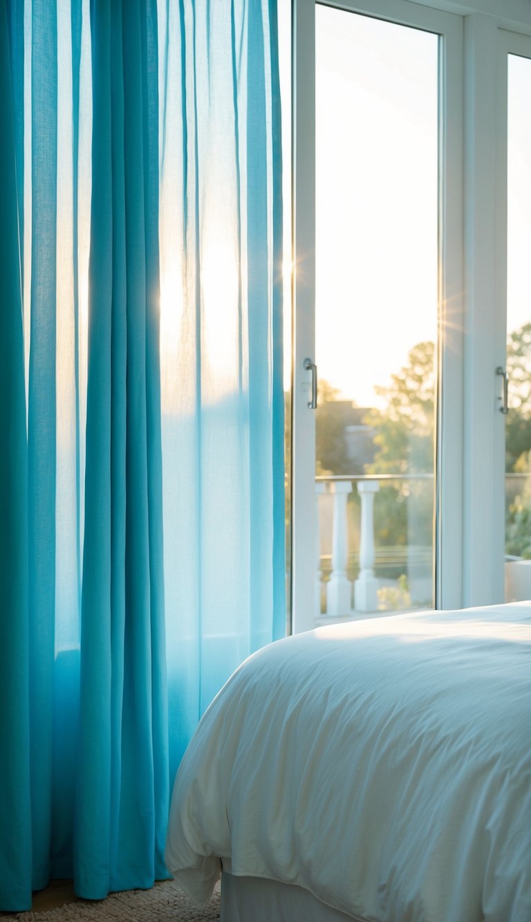 Light blue curtains billow gently in a sunlit bedroom, casting a soft, serene glow over the tranquil space