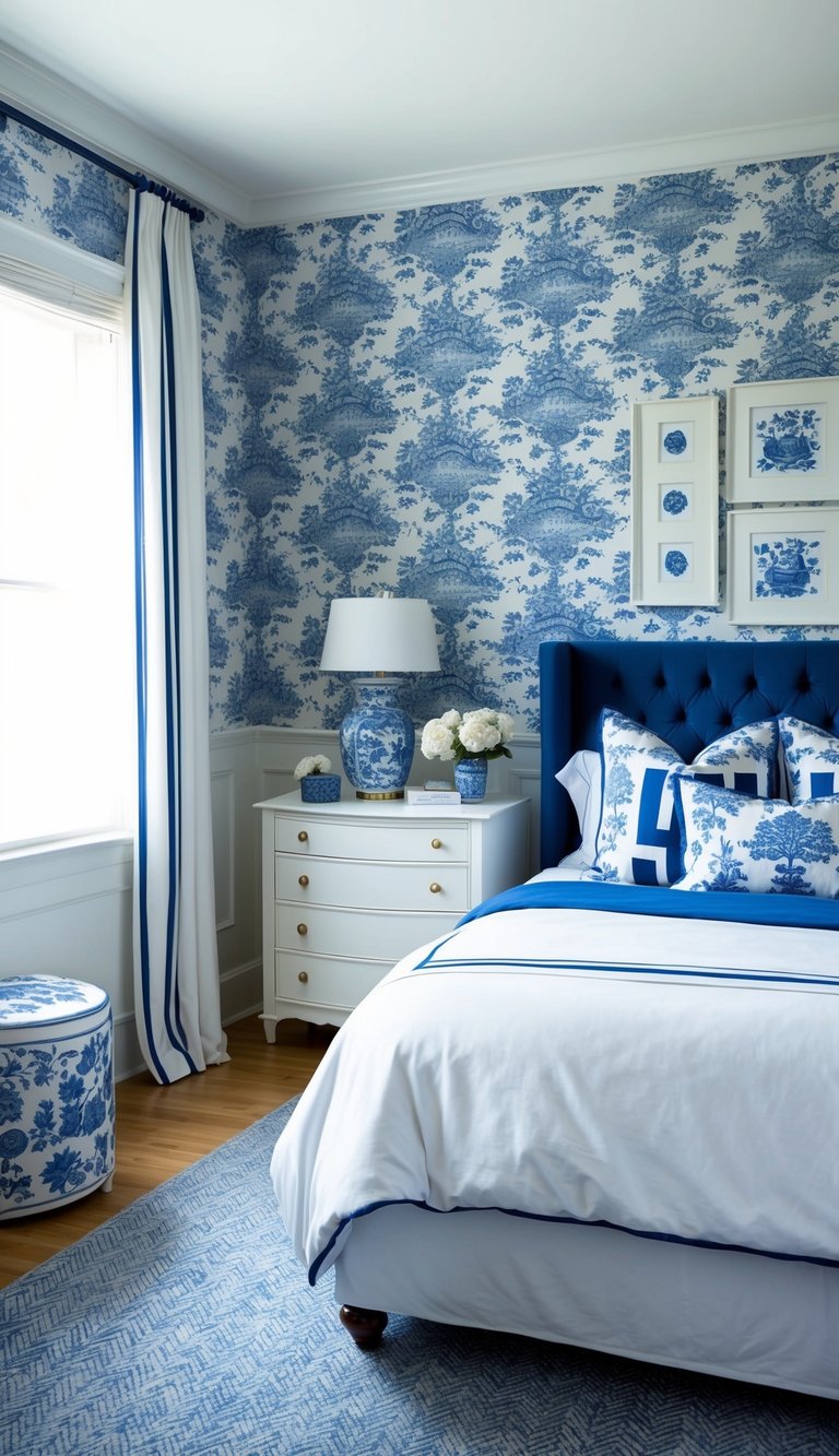 A cozy bedroom with blue and white toile wallpaper on one accent wall, complemented by white and blue decor