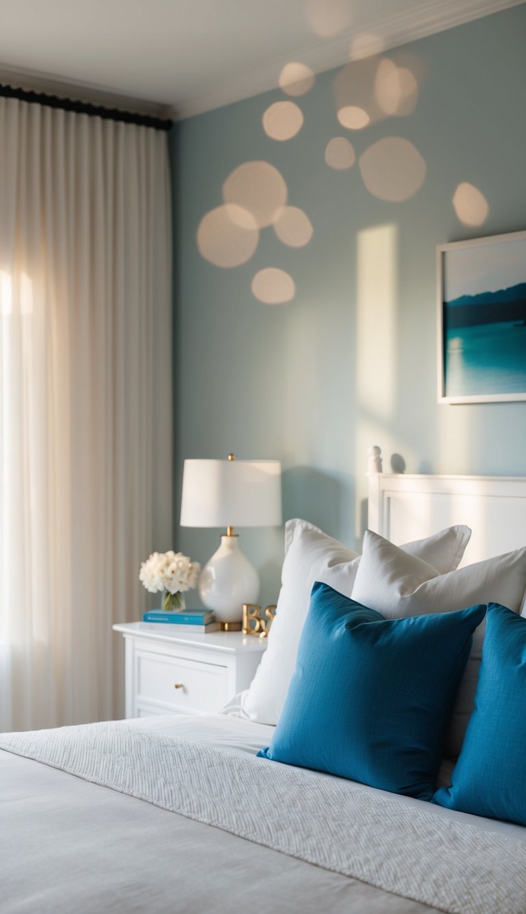 A serene bedroom with white furniture and blue cushions, illuminated by natural light