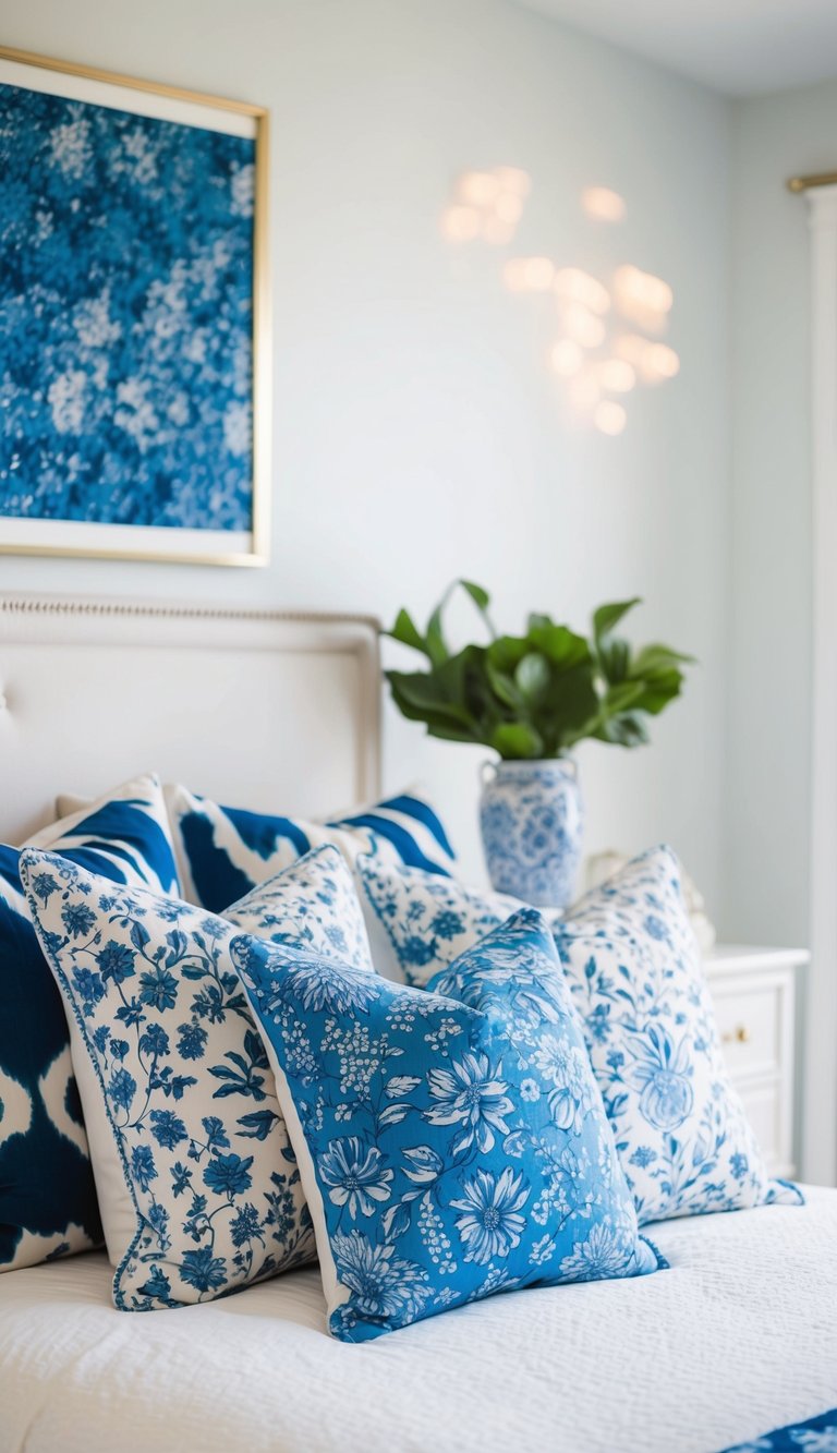 Blue and white floral throw pillows arranged on a white bed in a serene bedroom setting